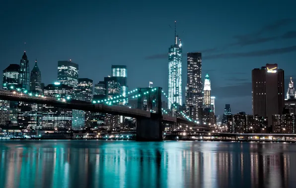 Picture bridge, lights, river, home, the evening, Manhattan, New York City, World Trade Center