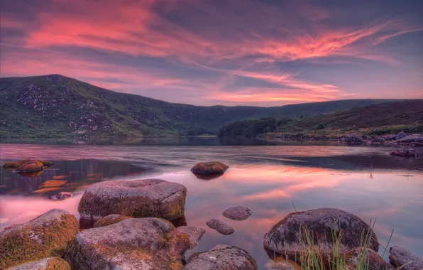Picture clouds, lake, stones, dawn, hills, pink