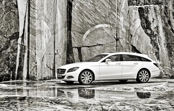 White, background, Mercedes-Benz, CLS, Mercedes, granite, the front, black and white