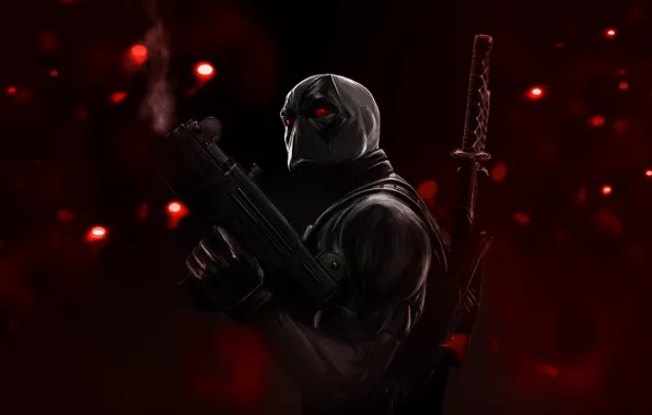 Glare, weapons, katana, mask, red eyes, red background, Deadpool