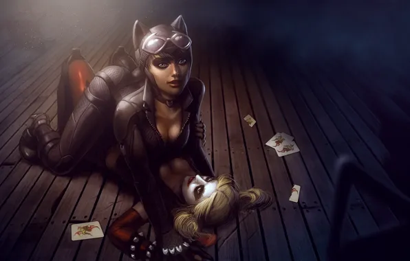 Card, art, neckline, Catwoman, art, Harley Quinn, DC Comics, Catwoman