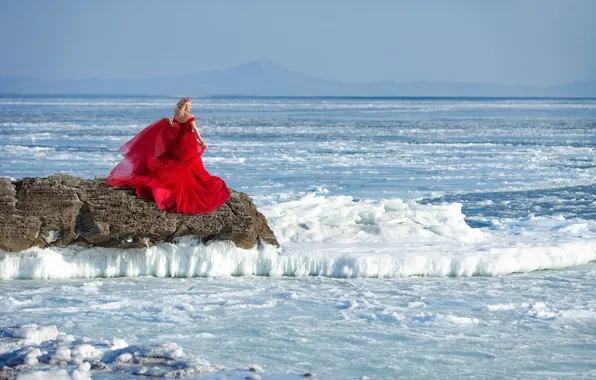 Picture winter, girl, mood, ice, red dress, Ivga Photographer