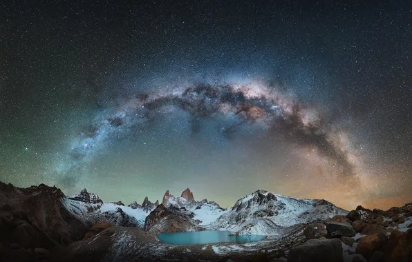 Stars, snow, mountains, night, lake, The milky way, Andes