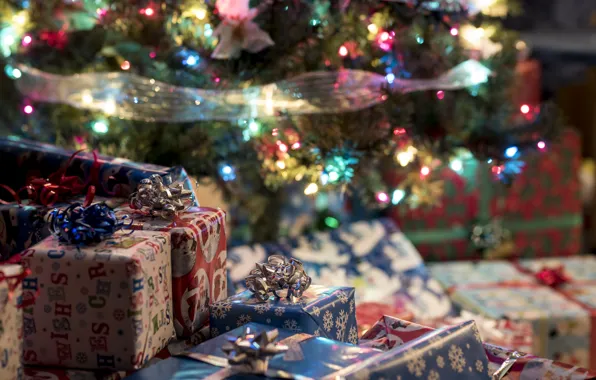 Winter, branches, holiday, toys, lights, Christmas, gifts, New year