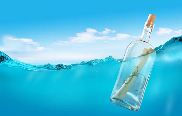 Picture sea, letter, water, bottle, tube, rope, message, message in a bottle