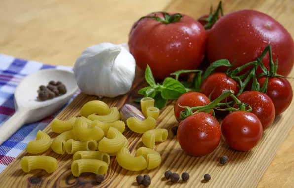 Drops, table, Board, food, spoon, pepper, vegetables, tomatoes