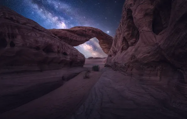 The sky, stars, mountains, night, rocks, desert, The milky way, canyons