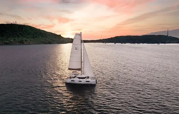 Sunset, coast, ship, the evening, yacht, Bay, sails, catamaran