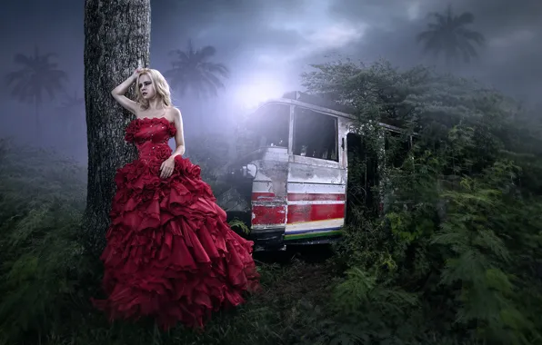 Girl, fantasy, jungle, art, bus, in red