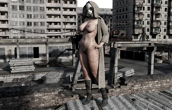Erotic, chest, girl, the city, naked, body, hood, gas mask