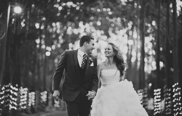 Picture girl, smile, dress, costume, black and white, guy, the bride, the groom