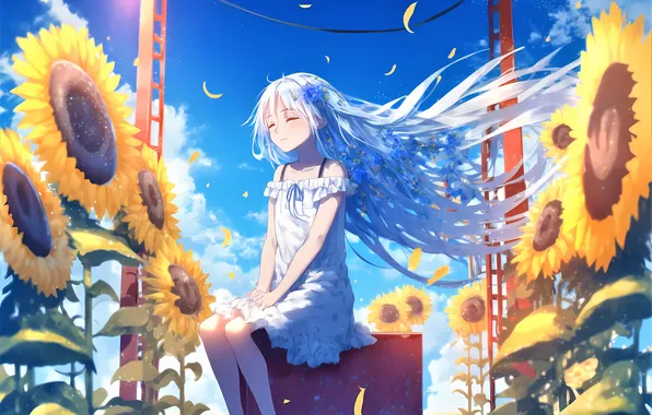 Sunflowers, girl, suitcase, vacation, blue sky, closed eyes, white sundress, long white hair