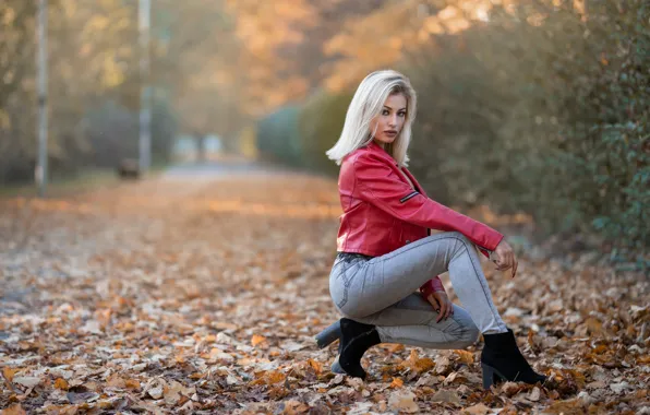 Picture autumn, leaves, girl, face, pose, jeans, shoes, jacket