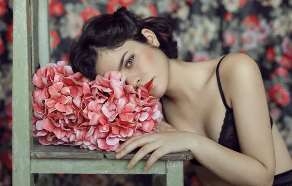 Picture look, girl, flowers, face, model, hair, chair, white