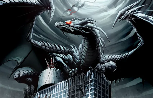Picture roof, the city, fantasy, dragon