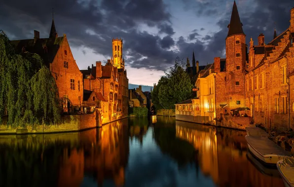 The sky, trees, night, clouds, the city, lights, house, castle