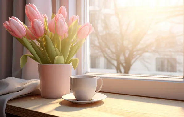 Light, flowers, bouquet, spring, window, mug, Cup, tulips