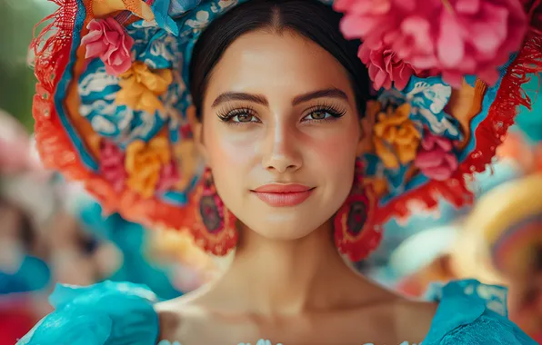 Girl, flowers, face, portrait, hat, earrings, dark, blue dress