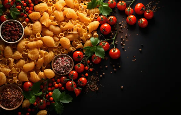 Greens, leaves, the dark background, Board, tomatoes, spaghetti, tomatoes, spices