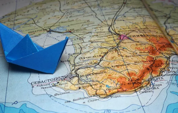 Sea, the city, paper, shore, black, map, boat, origami