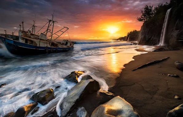 Sand, sea, beach, the sun, sunset, stones, rocks, shore