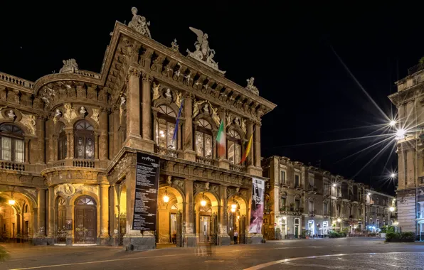 Night, lights, home, Italy, Opera, Sicily, Catania, The Teatro Massimo Bellini