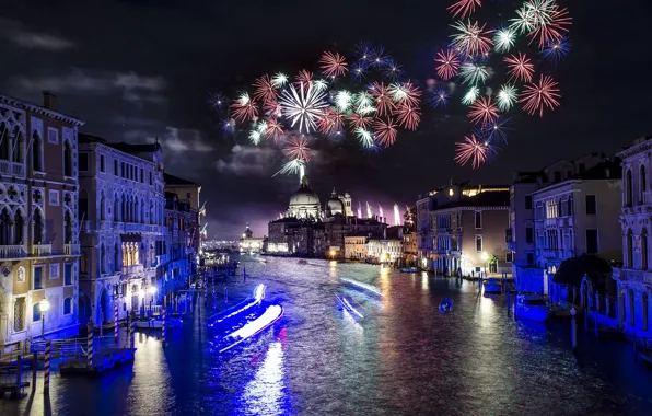 Picture night, lights, holiday, new year, Italy, Venice, fireworks