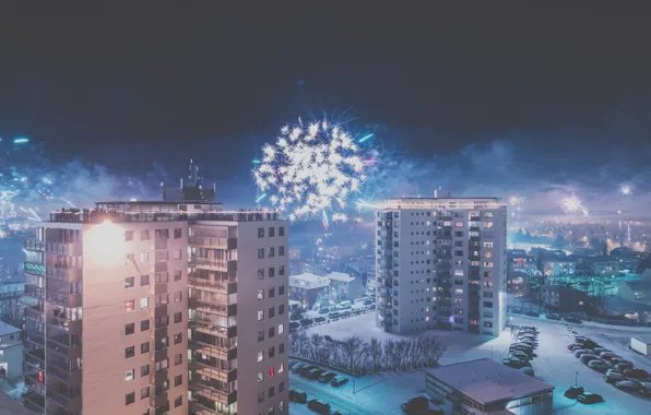 Picture the sky, trees, machine, night, street, home, roof, fireworks