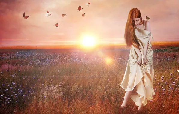 Picture field, girl, the sun, flowers, rendering, butterfly, dress, art