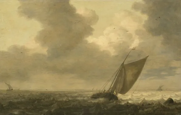 Tree, oil, picture, seascape, Peter Mulier I, Fishing Boat under Sail Is in the Wind