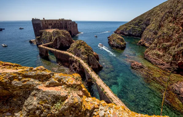 Sea, landscape, nature, rocks, fortress, Portugal, Berlenga Grande