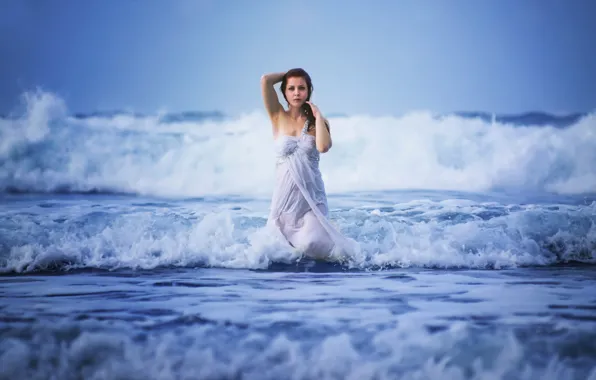 Wave, foam, girl, the ocean