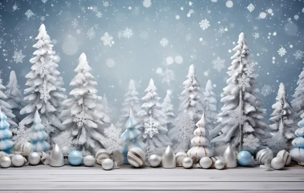 Picture winter, snow, balls, tree, New Year, Christmas, gifts, golden