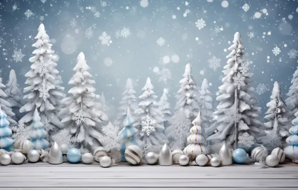 Winter, snow, balls, tree, New Year, Christmas, gifts, golden
