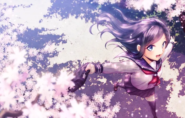 Girl, joy, anime, petals, Sakura, art, form, schoolgirl