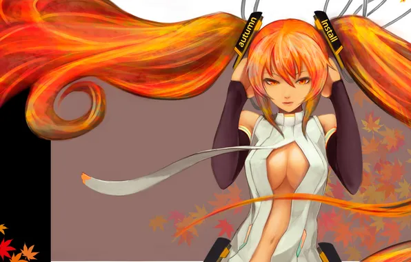 Autumn, leaves, girl, abstraction, art, vocaloid, hatsune miku, miku append