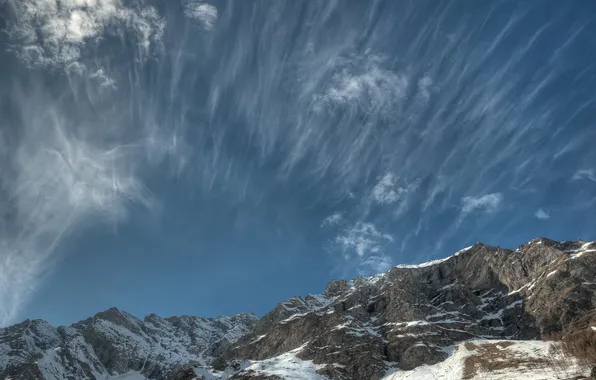 Picture the sky, snow, mountains, Cirrus clouds, tops, ranges