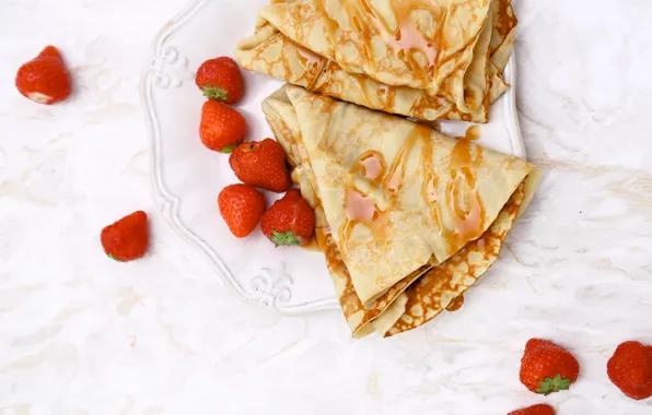 Berries, strawberry, honey, pancakes, pancakes