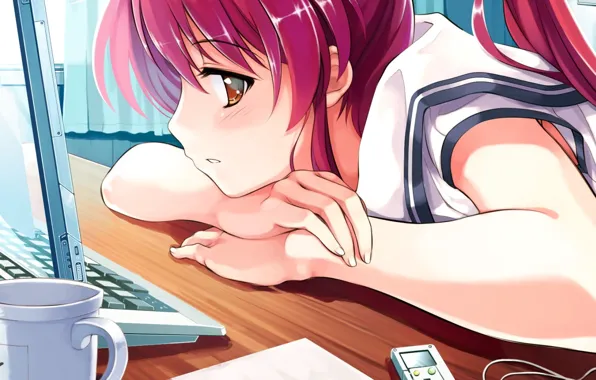 Computer, fatigue, Girl, red hair
