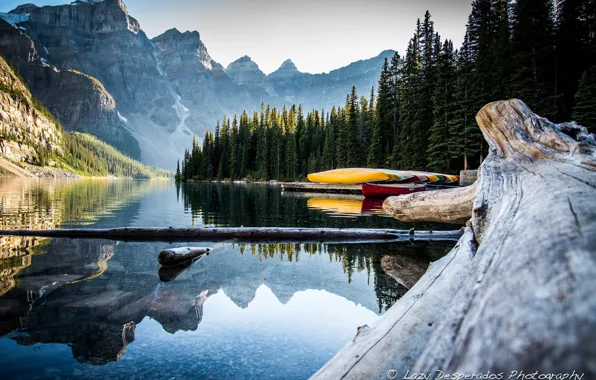 Picture forest, snow, mountains, lake, tops, Canada, canoe
