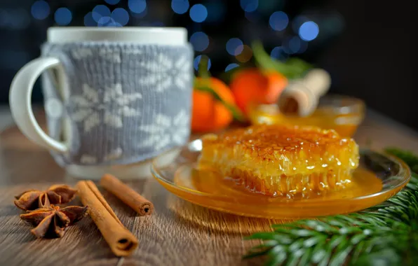 Spruce, branch, cell, plate, mug, honey, needles, bokeh