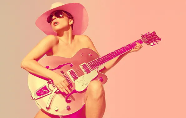 Picture the sun, background, photoshop, guitar, hat, makeup, glasses, singer