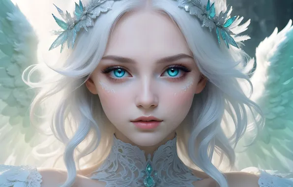 Picture girl, fantasy, wings, blue eyes, angel, digital art, artwork, fantasy art