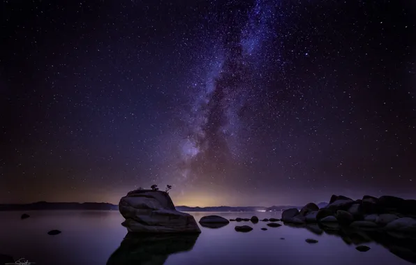 Night, lake, rocks, lake Tahoe