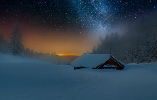 Winter, night, house