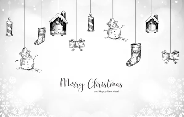 Snow, snowflakes, toys, candles, Christmas, white background, New year, snowmen