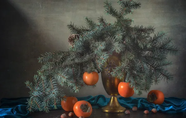 Branches, table, bouquet, Christmas, New year, fabric, vase, nuts