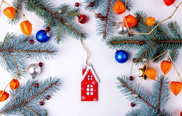Balls, branches, Christmas, white background, New year, beads, house, needles