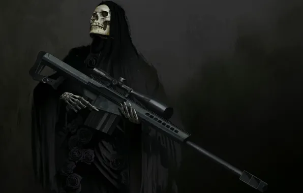 Weapons, skull, fantasy, art, skeleton, hood, sight, sniper rifle