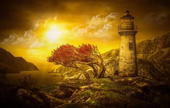 Sea, autumn, the sky, the sun, clouds, light, trees, landscape